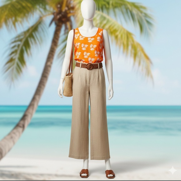 Tops - Handmade Caribelle Batik Orange & White Tropical Sleeveless Top M